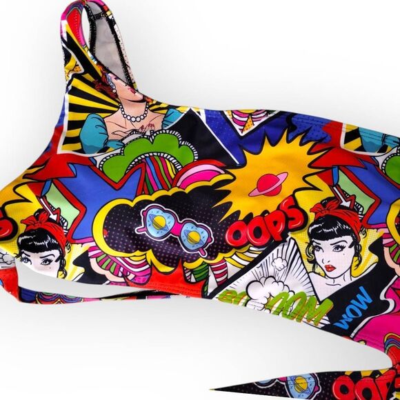 Womens Swimsuit Popart Sz XL Comic Print One Shoulder Connect 2 PC High Cut Swim - Picture 4 of 11